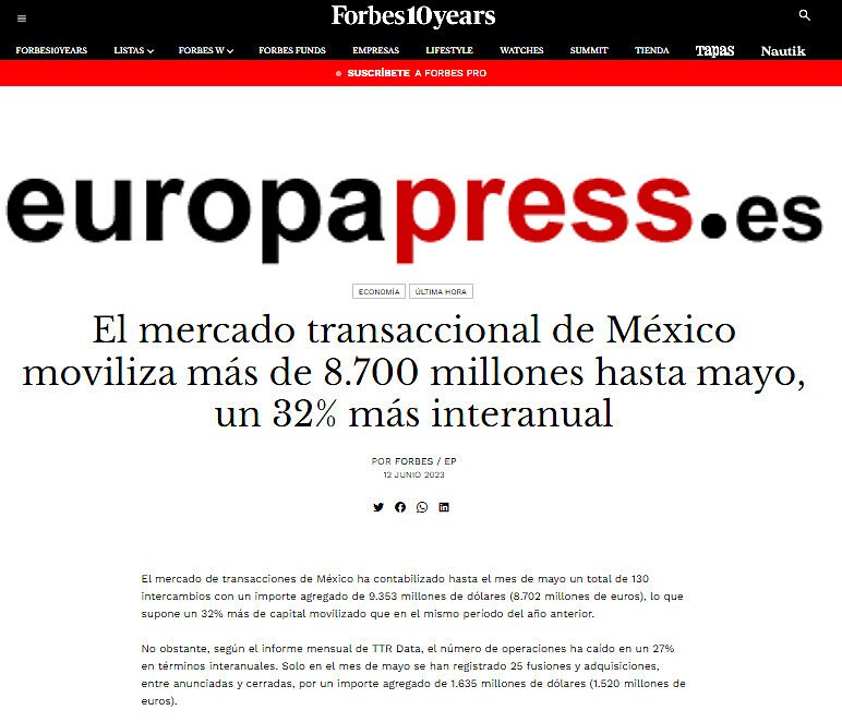 El mercado transaccional de Mxico moviliza ms de 8.700 millones hasta mayo, un 32% ms interanual